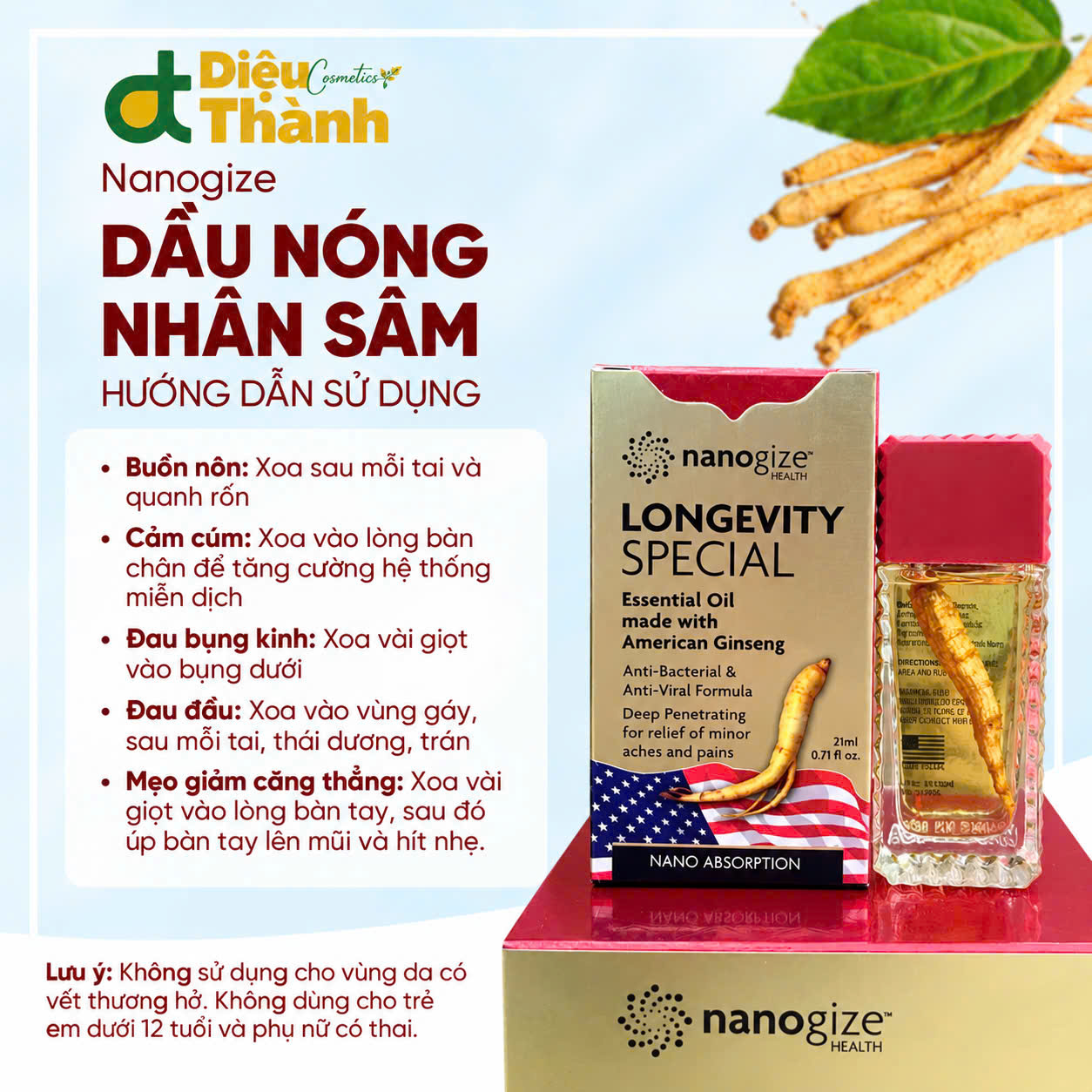 Hướng dẫn sử dụng Dầu nóng nhân sâm đầu lăn - Longevity Special Ginseng Essential Oil Nanogize 