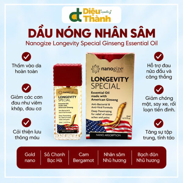 Dầu nóng nhân sâm đầu lăn - Longevity Special Ginseng Essential Oil Nanogize 21ml